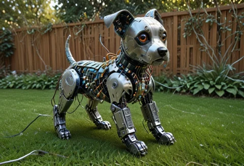 A Robot Puppy, Made Of Transistors, Romping In Backyard — SDXL AI Prompt: a robot puppy, made of Transistors, romping in backyard