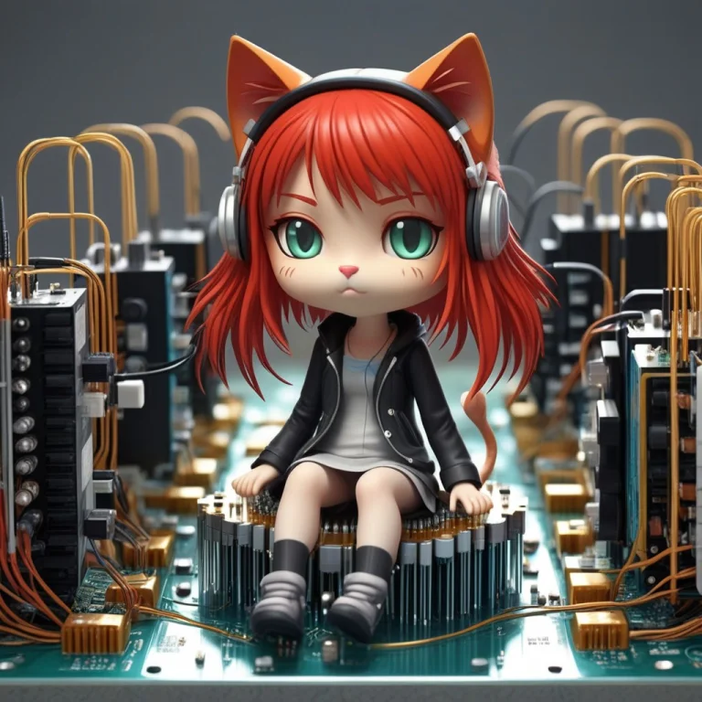 A 3d Chibi Anime Red Hair Cat Girl Sit On Transistors Waterf...