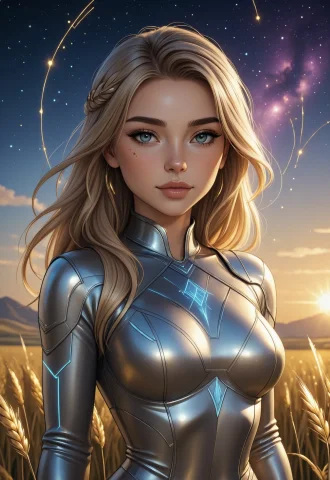 Close-up, A Woman Standing In Golden Wheat Fields, Her Skin... — Stable Diffusion AI Prompt: Close-up, a woman standing in golden wheat fields, her skin marked by constellat...