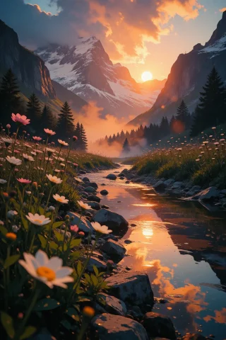 Nature, A Breathtaking Vertical Landscape Photograph Of A Ri... — Stable Diffusion AI Prompt: nature, A breathtaking vertical landscape photograph of a river valley at sunset...