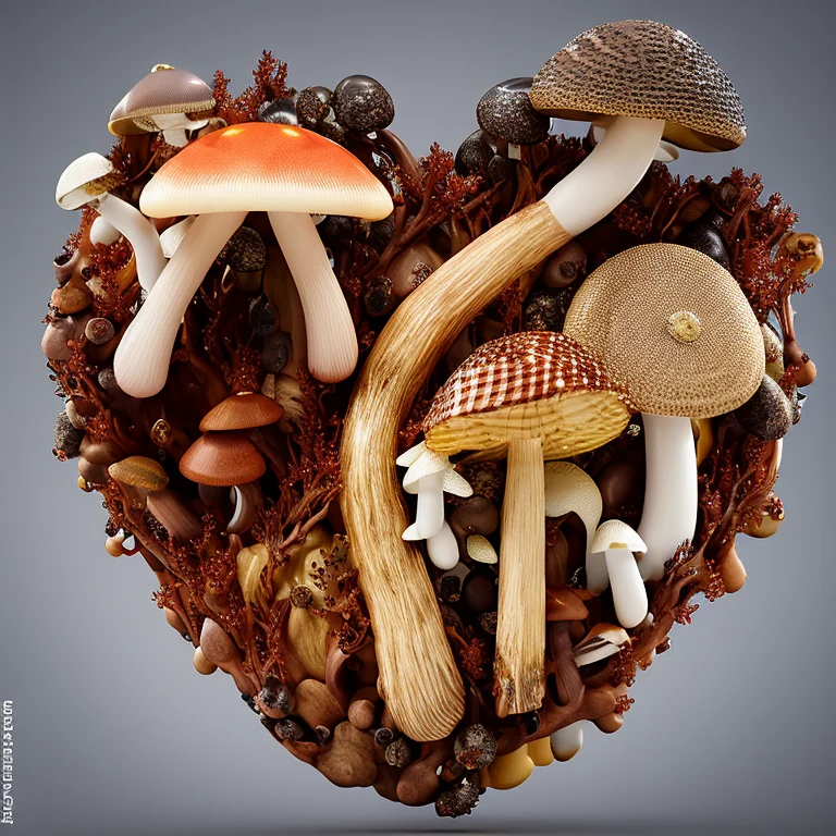 Heartart,realistic Wood Heart Made Out Of Thorns, Mushrooms1...