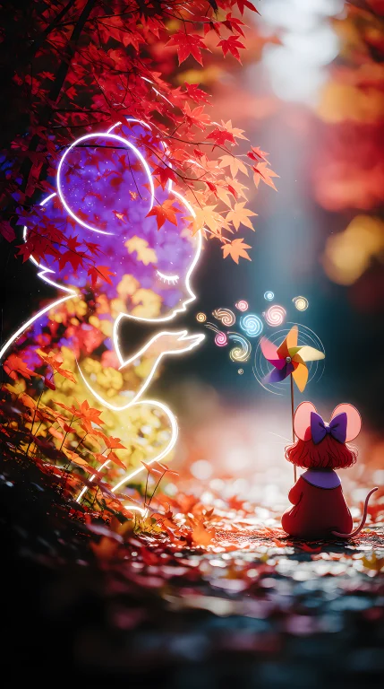 An Anime Mouse, Sitting, In A Red Dress With A Purple Hair-b...
