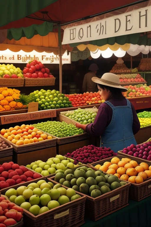 A Market Vendor Arranging Bright Fruit At A Stall, Storybook...