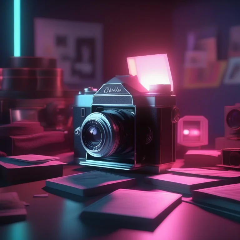 An Old Camera Surrounded By Loose Photographs, Blender Rende...