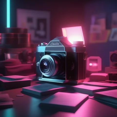 An Old Camera Surrounded By Loose Photographs, Blender Rende... — SDXL AI Prompt: an old camera surrounded by loose photographs, blender render, neon lighting, ce...