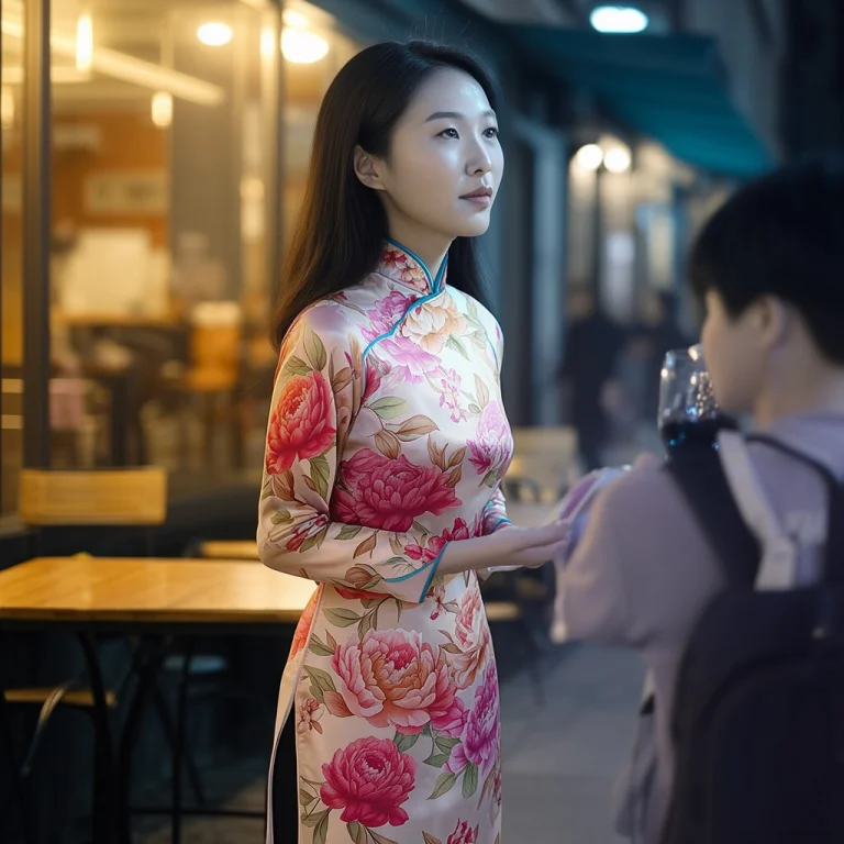 A College-aged East Asian Woman Wearing A Satin Peony Print...