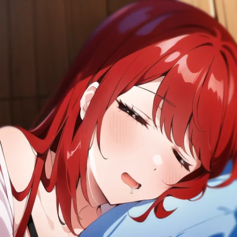 1girl, Red Hair, Sleeping, Drooling, Saliva, Loraanimedrooli... — Stable Diffusion AI Prompt: 1girl, red hair, sleeping, drooling, (((saliva))), 