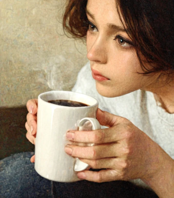 Close-up Colored Lithograph Of A Woman Drinking Coffee In A...