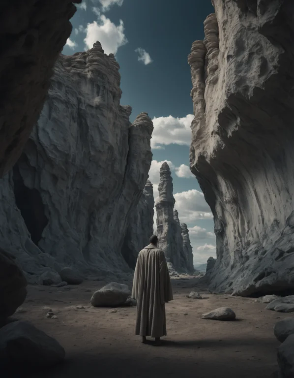 A Man In A Robe Standing In Front Of A Rock Formation With A...