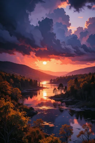 Nature, A Dramatic Vertical Landscape Photograph Of A River... — Stable Diffusion AI Prompt: nature, A dramatic vertical landscape photograph of a river valley at sunset dur...