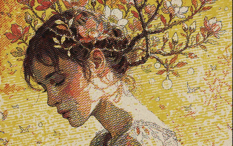 A Woman In Profile Tips Her Head Downward And Left Her Eyes...