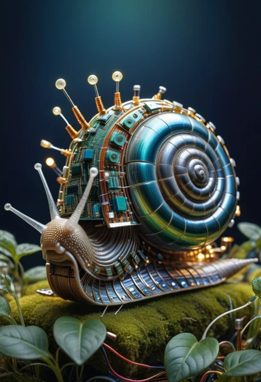 8k, Raw Digital Photo, A Snail Made Of Transistors And Coils...