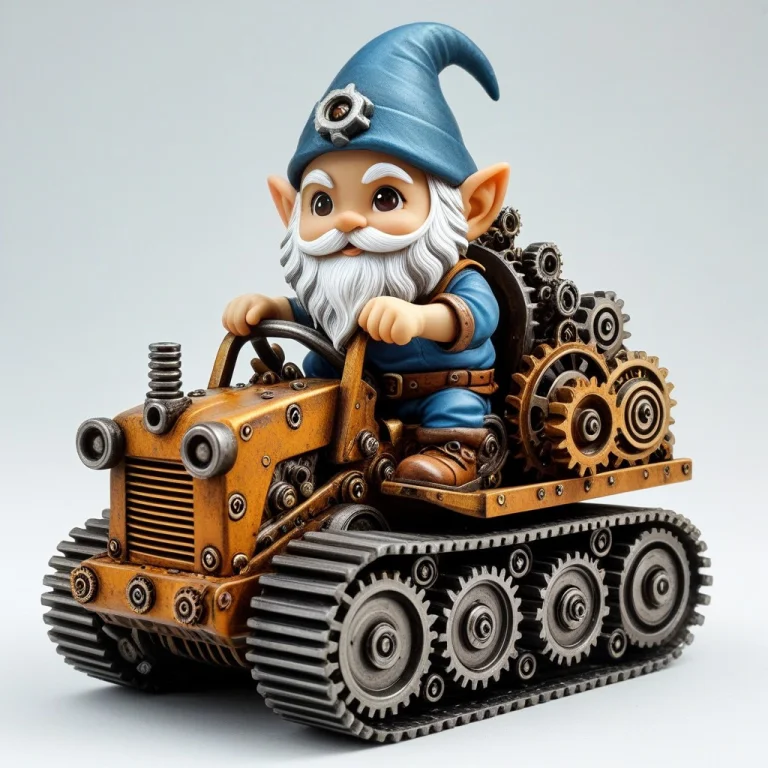 A Chibi Gnome Riding A Bulldozer Made Of Gears