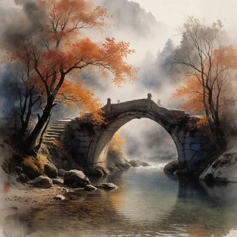 E Bridge Symbolizes Transition Physical And Spiritual Whil... — Stable Diffusion AI Prompt: e bridge symbolizes transition — physical and spiritual — while the autumn leave...