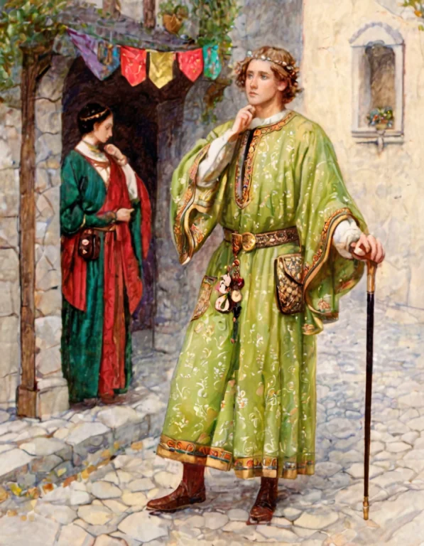Colored Lithograph Depicts A Medieval Figure Standing In A N...