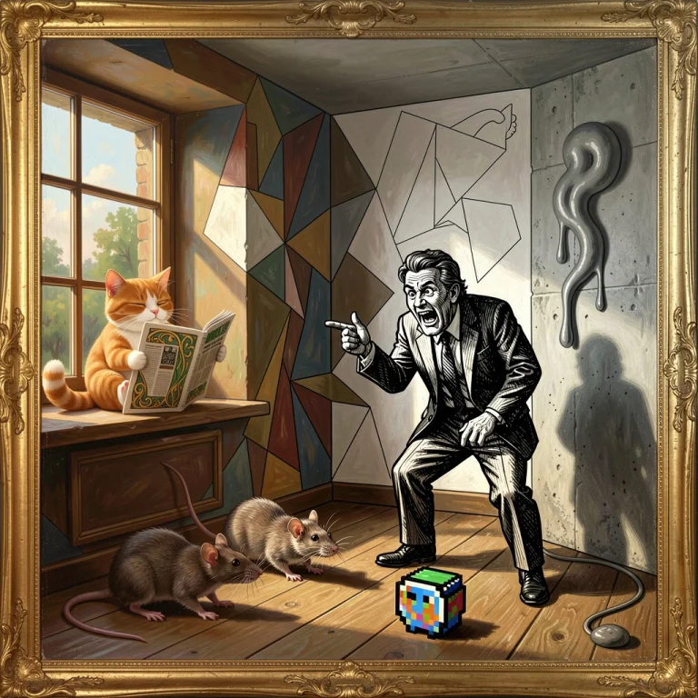 A Surreal Room Split Into Distinct Aesthetic Zones, No Singl...