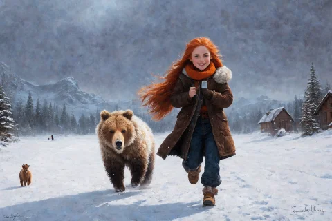 Girl Running Away From The Grizzly, Freckles, Blue Eyes, Big... — Stable Diffusion AI Prompt: girl running away from the grizzly, freckles, blue eyes, big eyes, long straight...