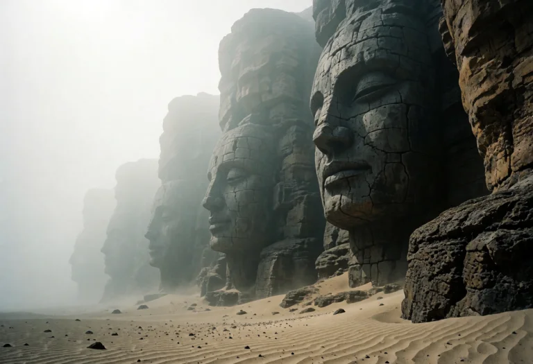 Cinematic Fantasy Illustration, A Row Of Colossal Monolithic...