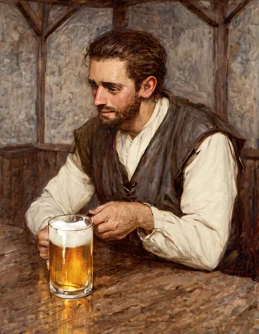 Colored Lithograph Depicts A Man Enjoying A Mug Of Beer In A... — Stable Diffusion AI Prompt: colored lithograph depicts a man enjoying a mug of beer in a medieval European t...
