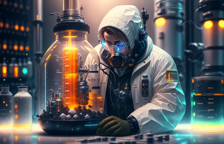 Scientist Mixing A Substance In A Beaker. In A White Coat. A...