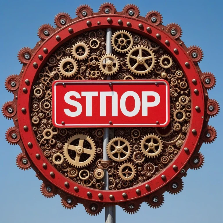 Stop Sign, Post Made Of Gears, Red Sign On Top