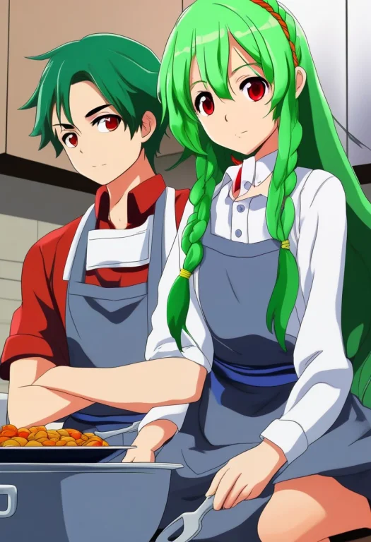 1girl, 1boy, Long Hair, Green Hair, Braid, Red Eyes, Apron,...