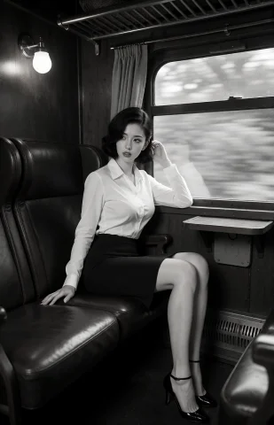 Ymym Woman40 — Stable Diffusion AI Prompt: 黑白经典列车电影静帧，竖幅，深色木饰车厢、皮革卡座、窗外被速度拉成浅灰模糊，壁灯...