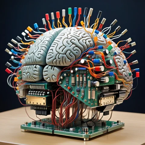 Transistors, A Gigantic Human Brain Completely Rebuilt From... — SDXL AI Prompt: Transistors, a gigantic human brain completely rebuilt from dense colorful elect...