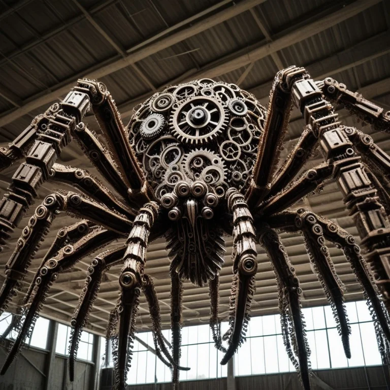 Low Angle Shot Of A Giant Tarantula Made Of Gears