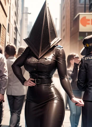 Best Quality, Pyramid Head, Police Uniform1.3, Crowded, Stre... — Stable Diffusion AI Prompt: best quality, pyramid head, (police uniform:1.3), crowded, street, 1girl 