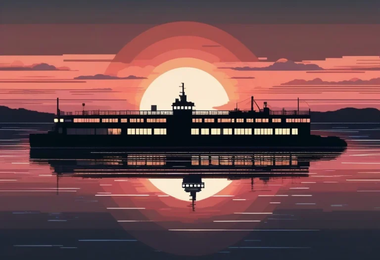 A Ferry Crossing Calm Water At First Light, Pixel Art, Iride...