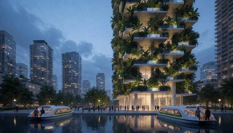 A Vertical Garden Megatower Beside A Floodable City Plaza At...