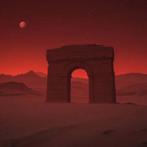 Landscape, Outdoor, , Red Background, Desert, Ruins, Red Sky... — Stable Diffusion AI Prompt: ( { landscape, outdoor, }, red background, desert, ruins, red sky, planet, starr...