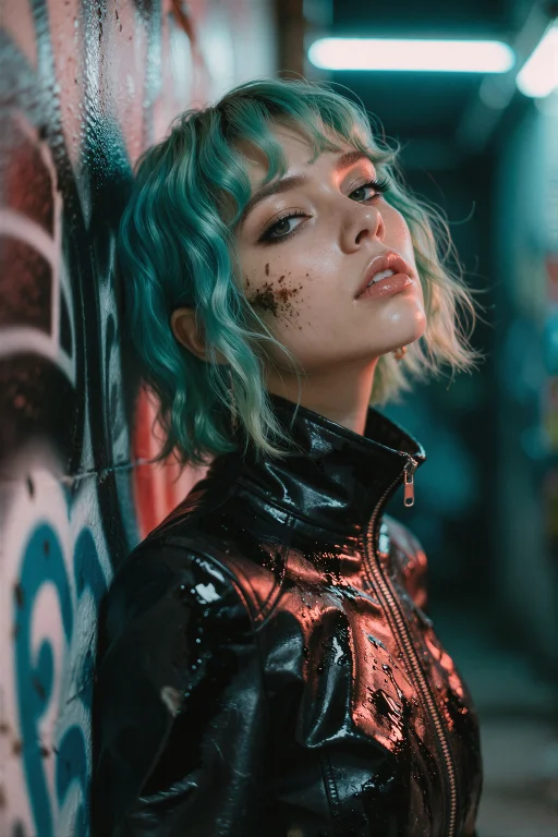 A Woman With Fair Skin And Short Choppy Neon-dyed Teal Hair,...