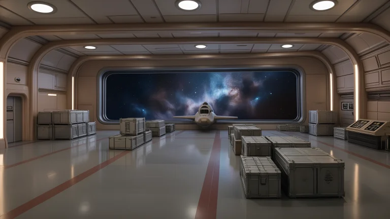A Spacious, Brightly Lit Hangar Bay In A Science-fiction Set...