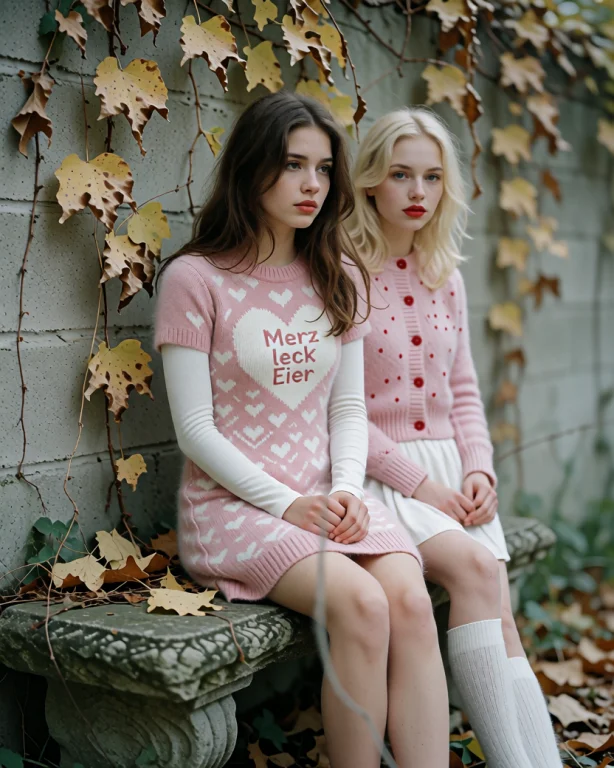 Two Young Women Sit Side By Side On A Weathered Stone Bench...