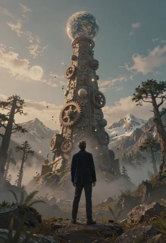 A Wide, Upward-looking Shot Emphasizing Height And Monumenta... — Stable Diffusion AI Prompt: A wide, upward-looking shot emphasizing height and monumentality captures an eno...