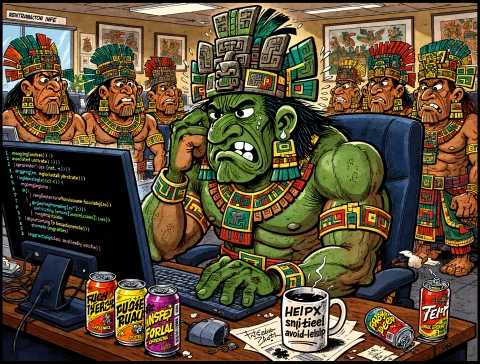 Comic Style A Muscled Mature Mayan Deity,with Green And Brow... — Stable Diffusion AI Prompt: comic style A muscled mature mayan deity,with green and brown skin tones, resemb...