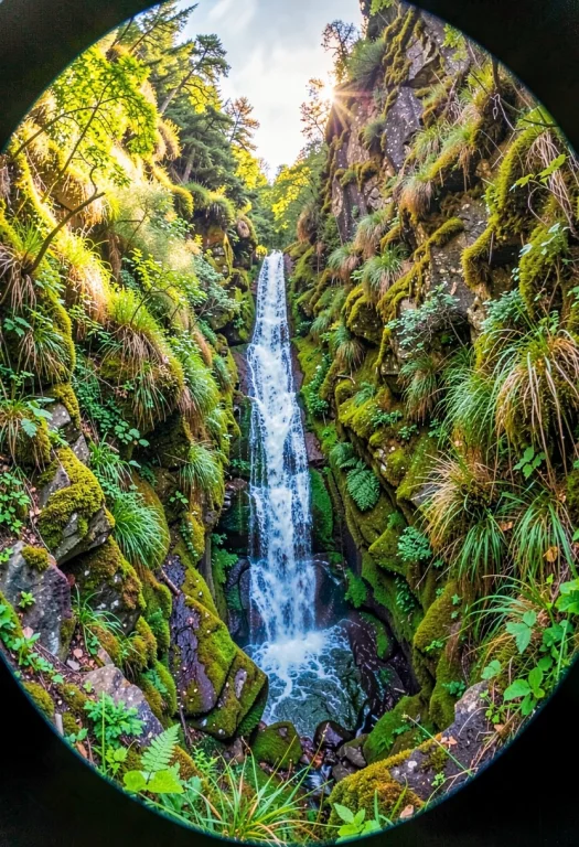A Hidden Waterfall In A Moss-covered Ravine, Cinematic Photo...