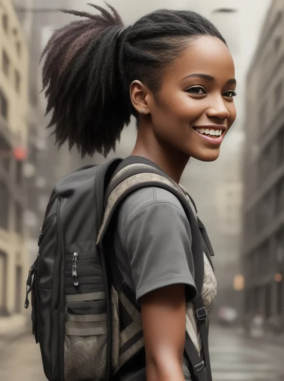 A Black Woman, Street Smiling, Backpack, Ponytails, Epic Rea...