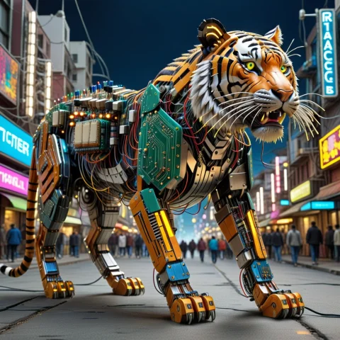 Transistors, Futuristic Mechanical Tiger Built Entirely From... — SDXL AI Prompt: Transistors, futuristic mechanical tiger built entirely from dense colorful elec...