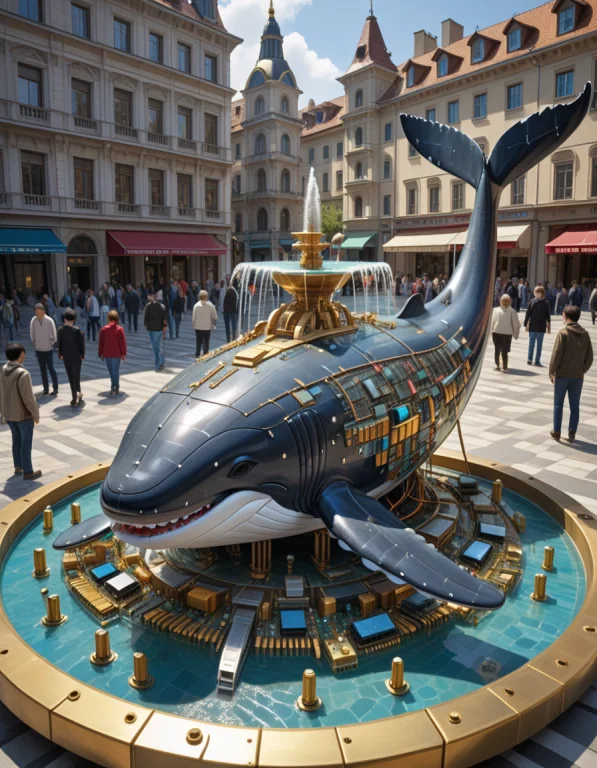 A Whale In A Fountain In A City Square Made Of Transistors,...