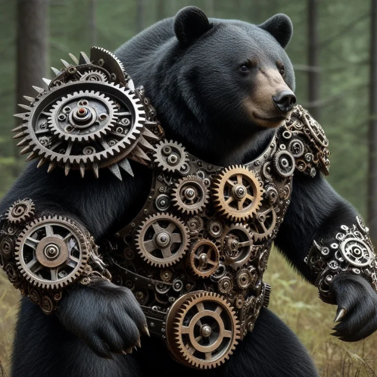 A Fierce Black Bear Waring An Armor Made Of Gears.