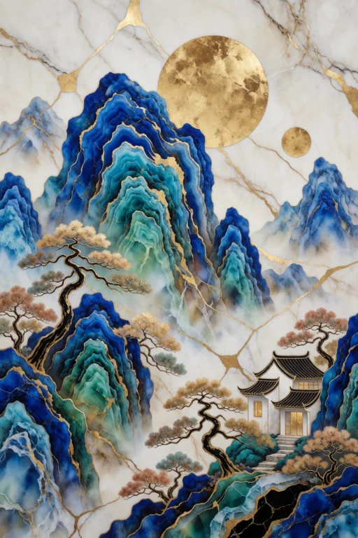 A Panoramic Chinese Inspired Mountain Landscape Rendered As...