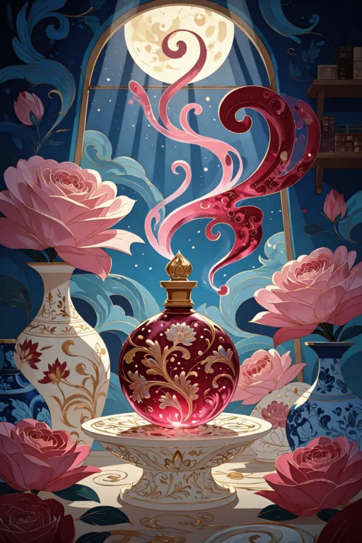 A Still Life Scene Centered On An Ornate Mystical Perfume Bo...