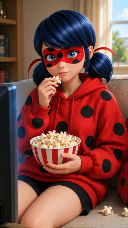 Klad, Sitting On Couch Wearing Oversized Red Hoodie And Shor...