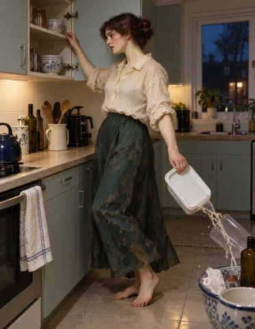 Lorakreapaintedmuse1a Pre-raphaelite Woman Opening A Kitchen... — Stable Diffusion AI Prompt: A Pre-Raphaelite woman opening a kitchen cupboard and being attacked by falling...