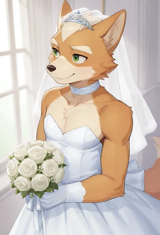 1boy, Male Anthro Fox Mccloud, Solo, Wearing Wedding Dress,...