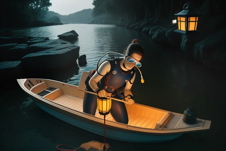 A Diver Adjusting Gear On A Rocking Boat, Portrait Photograp...
