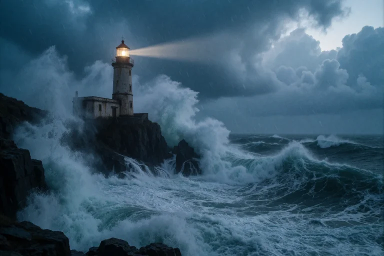 A Cinematic Atmospheric Photograph Of An Old Stone Lighthous...